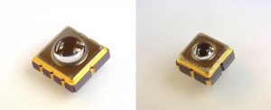 Picttures of Marktech's Domed Hermetic SMD ATLAS Package in two sizes - 5mm x 5mm of left side and 3mm x 3mm on right side.